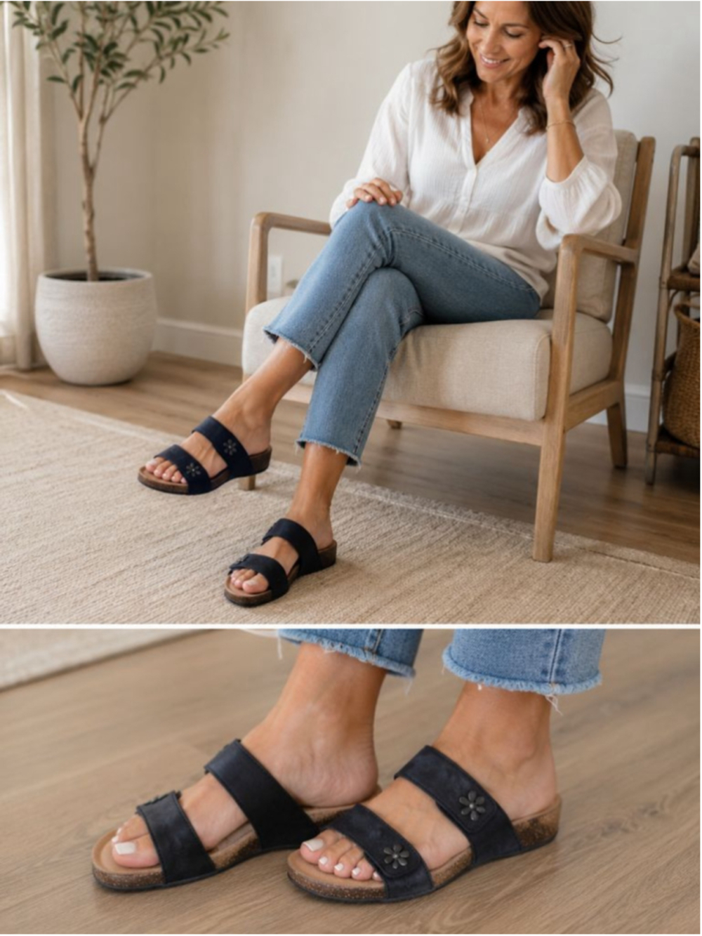 Josef Seibel Comfort Slide Sandals Black Leather Floral Accent EU 36 US 5.5-6